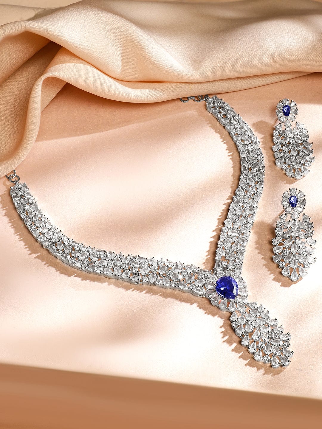 Rubans Rhodium-Plated Rich Purple Cubic Zirconia Floral & Leaf-Inspired Luxe Jewellery Set Necklace Set