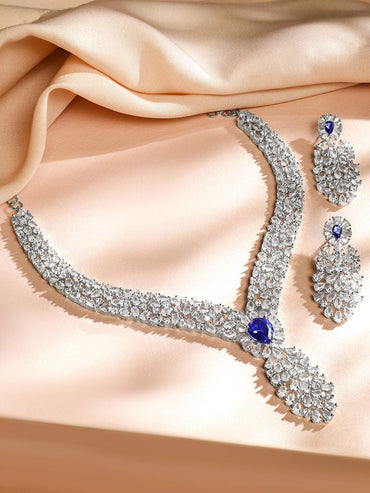 Rubans Rhodium-Plated Rich Purple Cubic Zirconia Floral & Leaf-Inspired Luxe Jewellery Set Necklace Set