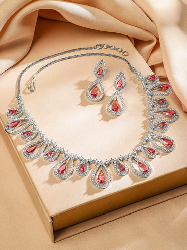 Rubans Rhodium Plated RosÃ© Pink & White Cubic Zirconia Studded Teardrop Design Premium Jewellery Set Jewellery Set