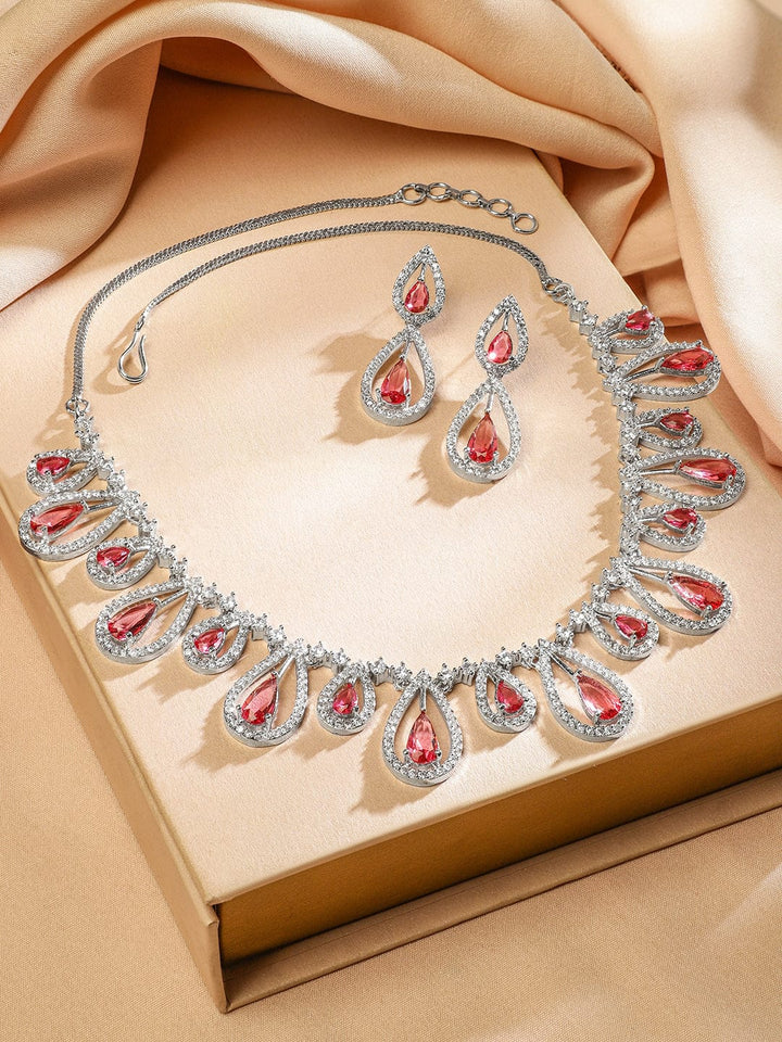 Rubans Rhodium Plated RosÃ© Pink & White Cubic Zirconia Studded Teardrop Design Premium Jewellery Set Jewellery Set
