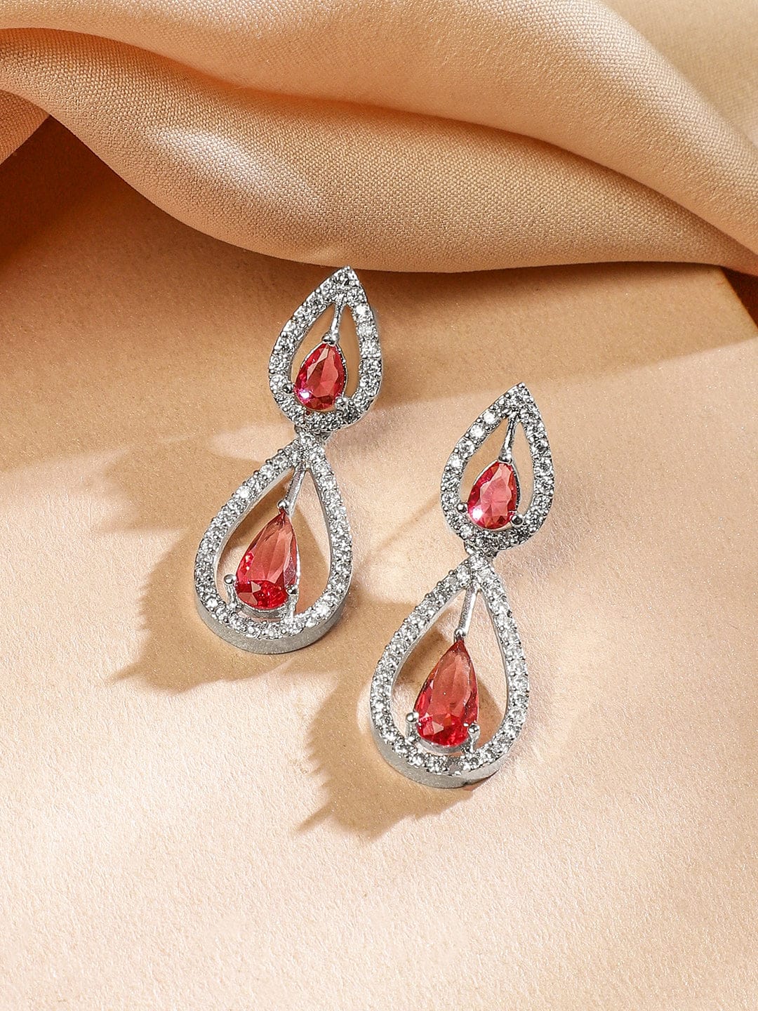 Rubans Rhodium Plated RosÃ© Pink & White Cubic Zirconia Studded Teardrop Design Premium Jewellery Set Jewellery Set