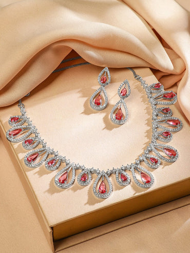 Rubans Rhodium Plated RosÃ© Pink & White Cubic Zirconia Studded Teardrop Design Premium Jewellery Set Jewellery Set
