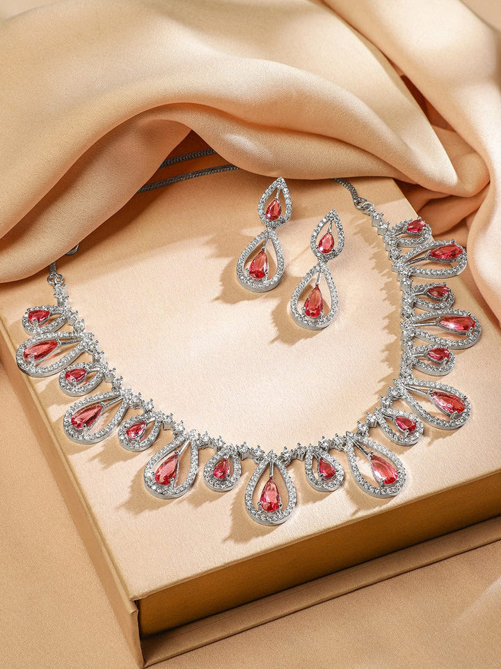 Rubans Rhodium Plated RosÃ© Pink & White Cubic Zirconia Studded Teardrop Design Premium Jewellery Set Jewellery Set