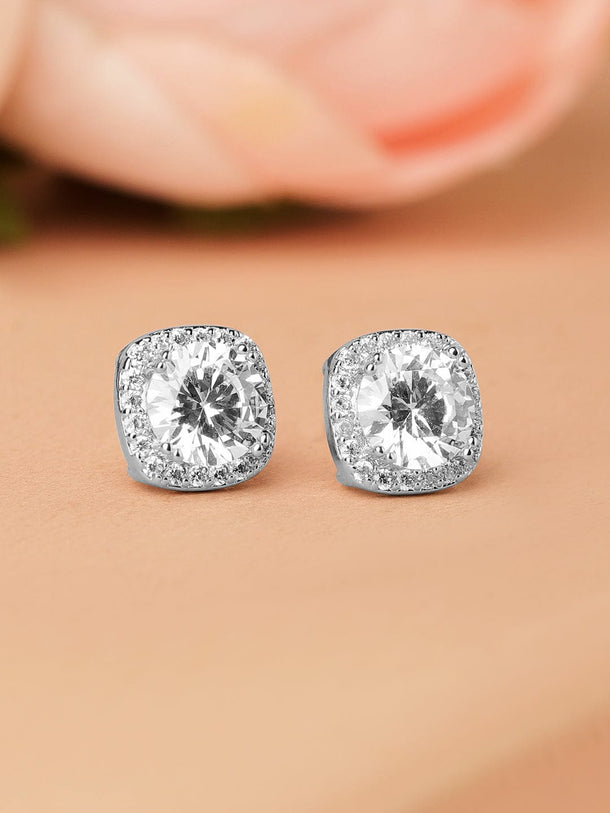 Rubans Rhodium-Plated Round Cubic Zirconia Studded Classic Stud Earrings Earrings