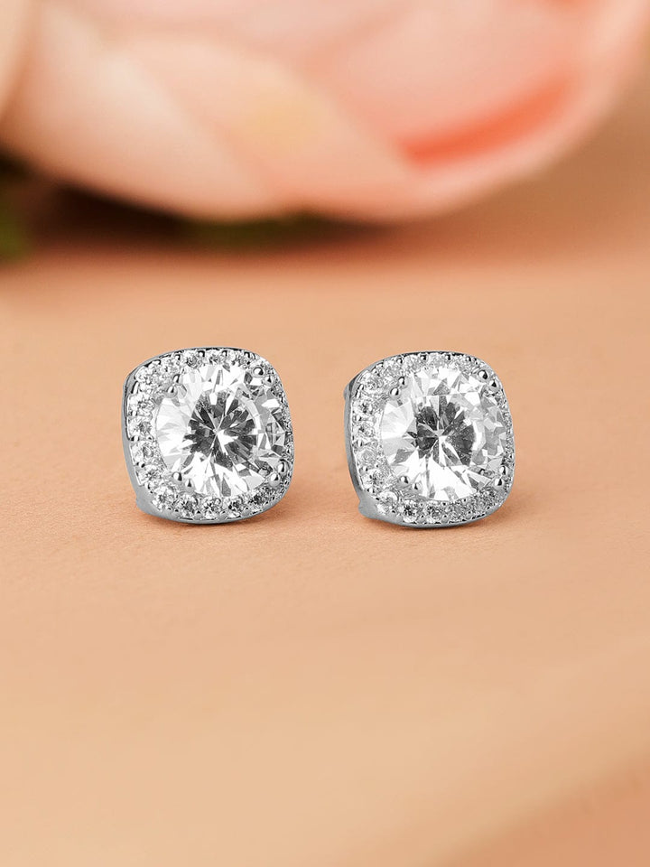 Rubans Rhodium-Plated Round Cubic Zirconia Studded Classic Stud Earrings Earrings