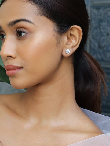 Rubans Rhodium-Plated Round Cubic Zirconia Studded Classic Stud Earrings Earrings