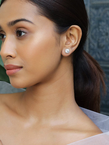 Rubans Rhodium-Plated Round Cubic Zirconia Studded Classic Stud Earrings Earrings