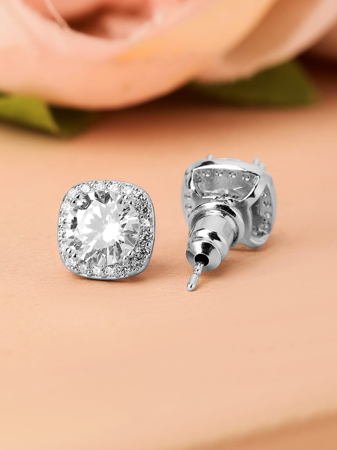 Rubans Rhodium-Plated Round Cubic Zirconia Studded Classic Stud Earrings Earrings