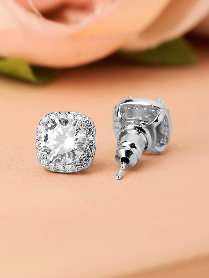 Rubans Rhodium-Plated Round Cubic Zirconia Studded Classic Stud Earrings Earrings