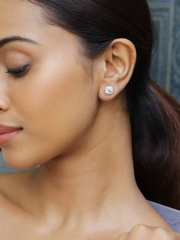Rubans Rhodium-Plated Round Cubic Zirconia Studded Classic Stud Earrings Earrings