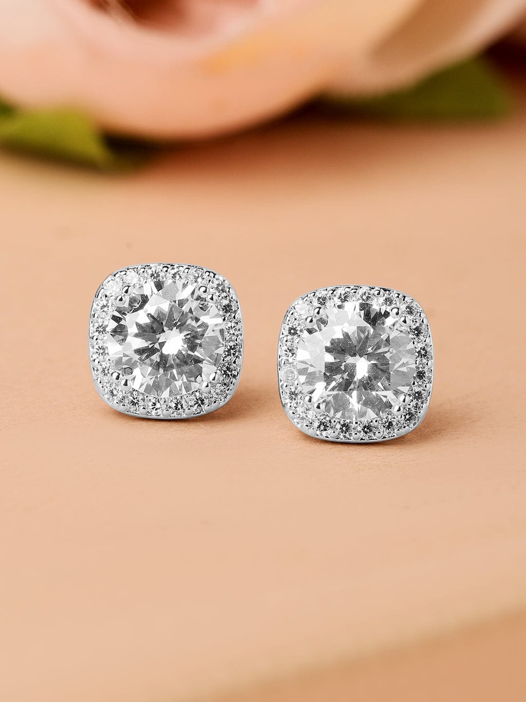 Rubans Rhodium-Plated Round Cubic Zirconia Studded Classic Stud Earrings Earrings