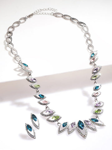 Rubans Rhodium-Plated Royal Multihued Rhinestone Embellished Queen's Necklace set Jewellery Set