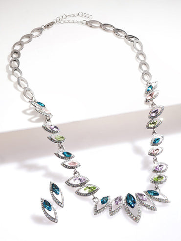 Rubans Rhodium-Plated Royal Multihued Rhinestone Embellished Queen's Necklace set Jewellery Set