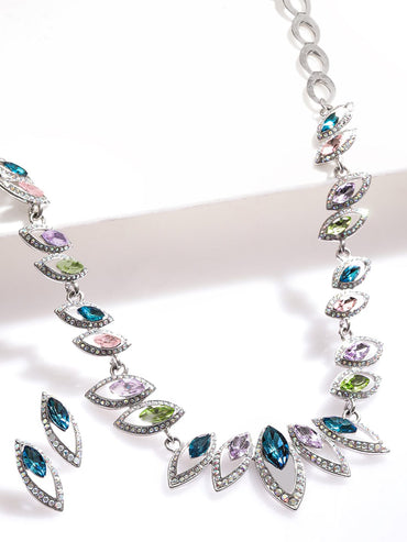 Rubans Rhodium-Plated Royal Multihued Rhinestone Embellished Queen's Necklace set Jewellery Set