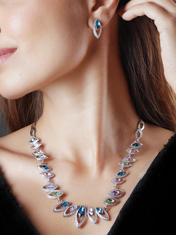 Rubans Rhodium-Plated Royal Multihued Rhinestone Embellished Queen's Necklace set Jewellery Set