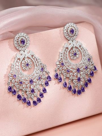 Rubans Rhodium-Plated Royal Purple AD & White Cubic Zirconia Premium Chandelier Earrings Earrings