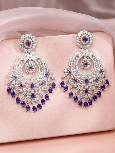 Rubans Rhodium-Plated Royal Purple AD & White Cubic Zirconia Premium Chandelier Earrings Earrings