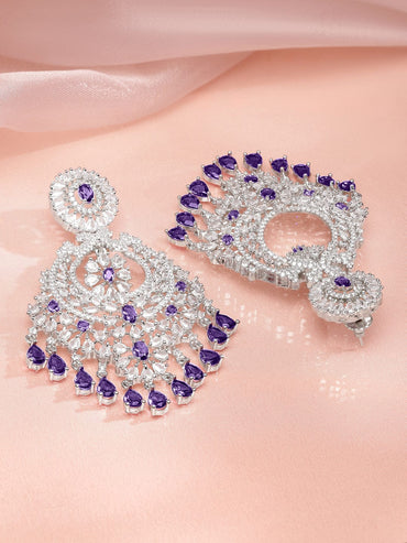 Rubans Rhodium-Plated Royal Purple AD & White Cubic Zirconia Premium Chandelier Earrings Earrings