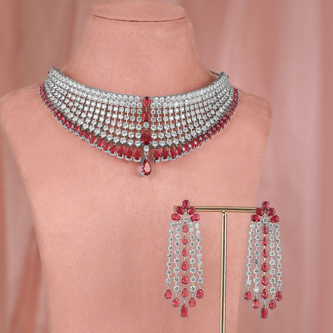 Rubans Rhodium-Plated Ruby & AAA Cubic Zirconia Studded Premium Choker Jewellery Set Necklace Set