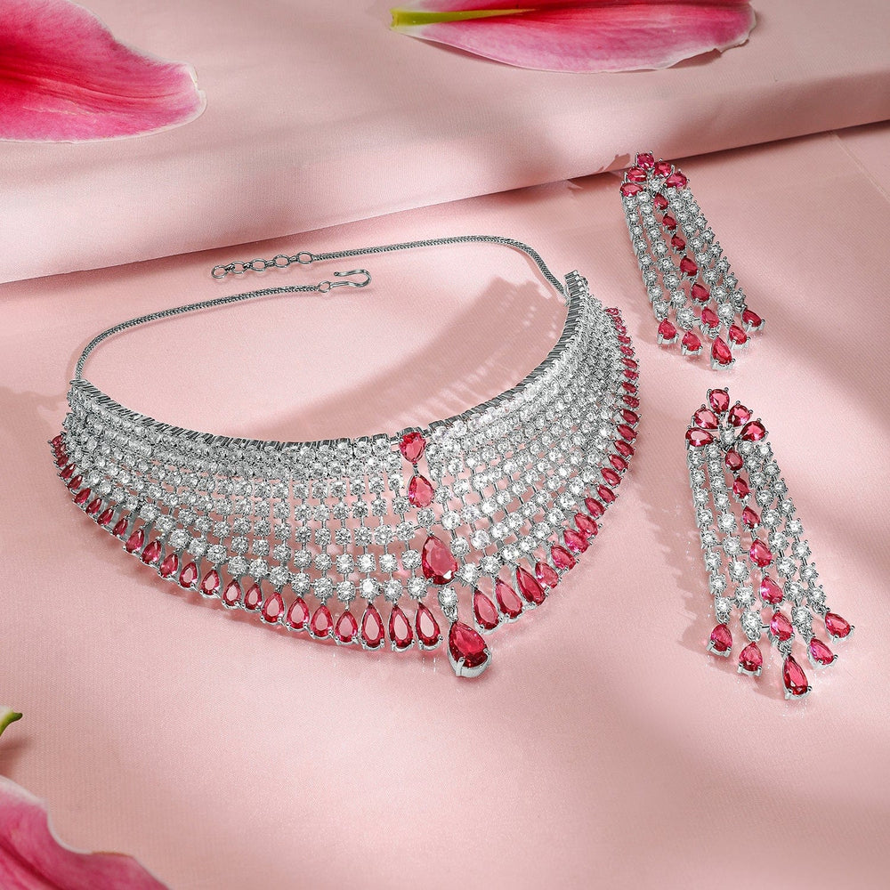 Rubans Rhodium-Plated Ruby & AAA Cubic Zirconia Studded Premium Choker Jewellery Set Necklace Set