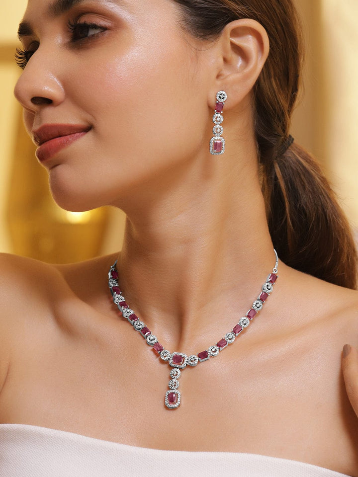 Rubans Rhodium Plated Ruby & Cubic Zicronia Studded Premium Drop Jewellery Set Jewellery Set
