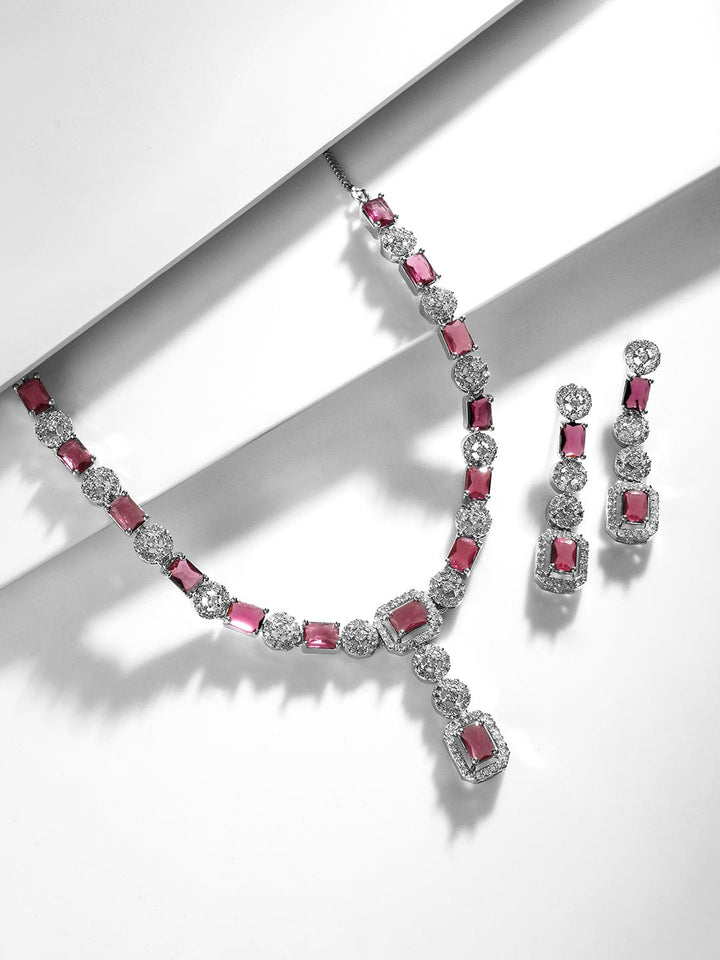 Rubans Rhodium Plated Ruby & Cubic Zicronia Studded Premium Drop Jewellery Set Jewellery Set