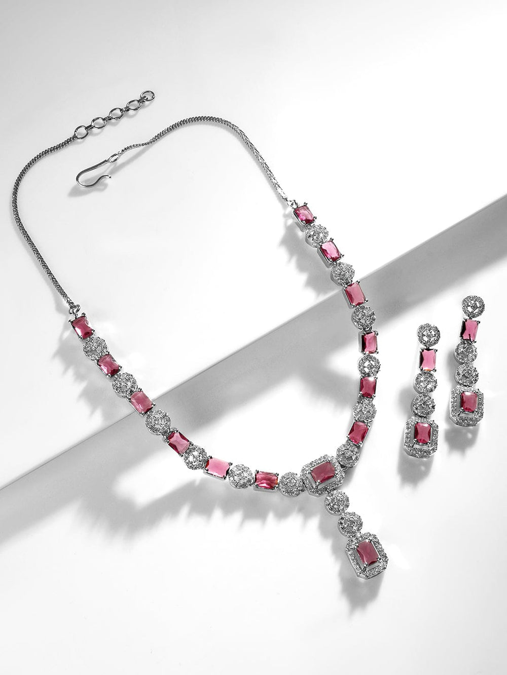 Rubans Rhodium Plated Ruby & Cubic Zicronia Studded Premium Drop Jewellery Set Jewellery Set