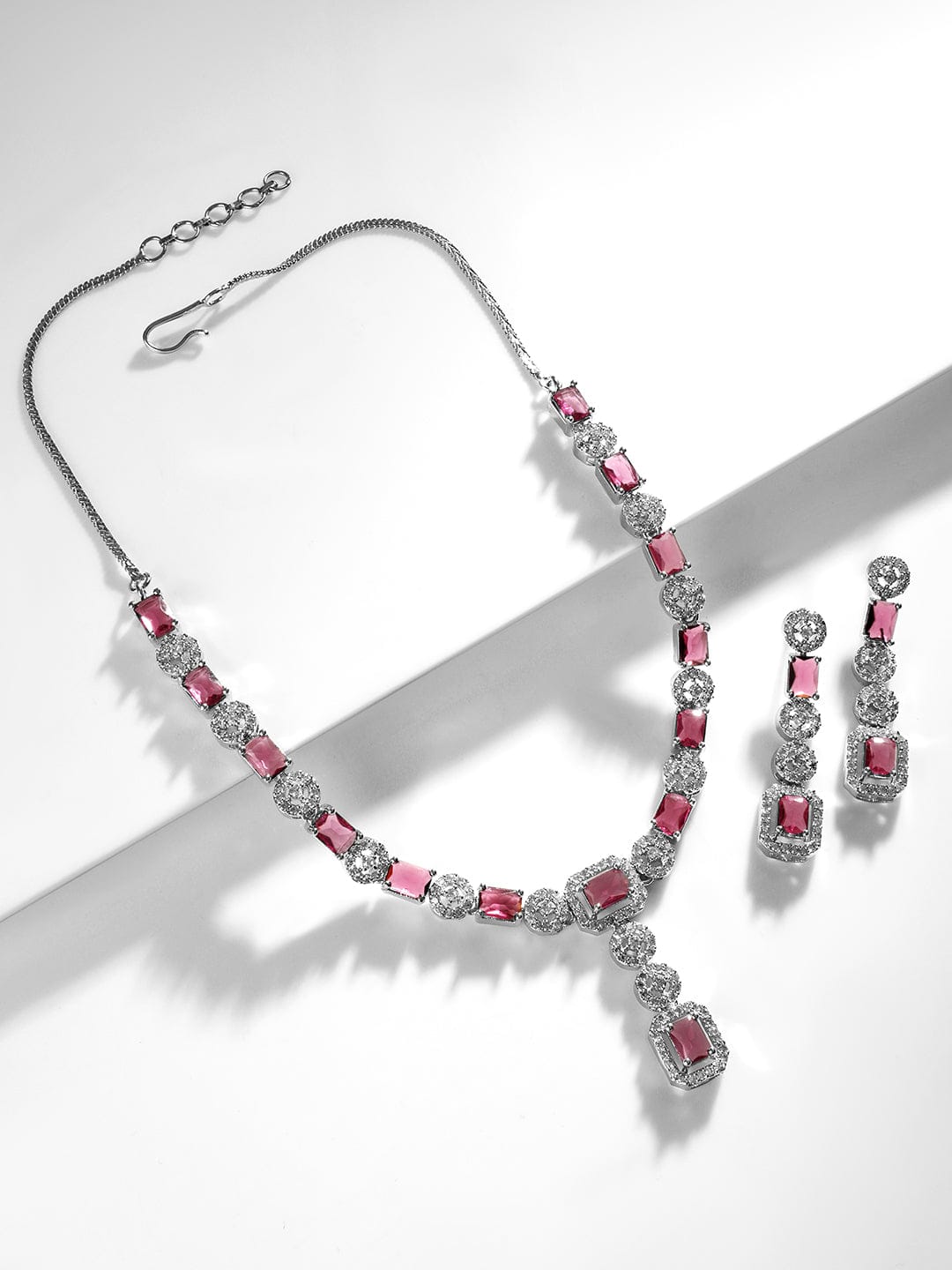 Rubans Rhodium Plated Ruby & Cubic Zicronia Studded Premium Drop Jewellery Set Jewellery Set
