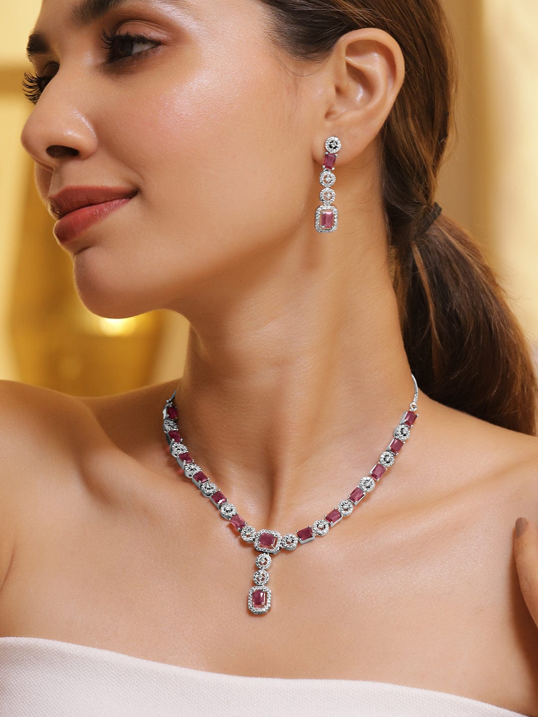 Rubans Rhodium Plated Ruby & Cubic Zicronia Studded Premium Drop Jewellery Set Necklace Set