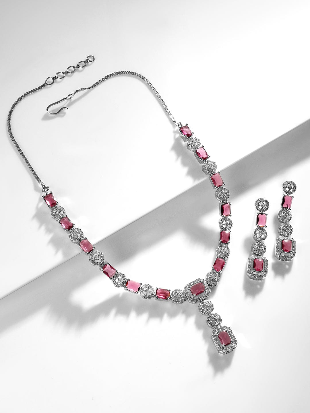 Rubans Rhodium Plated Ruby & Cubic Zicronia Studded Premium Drop Jewellery Set Necklace Set