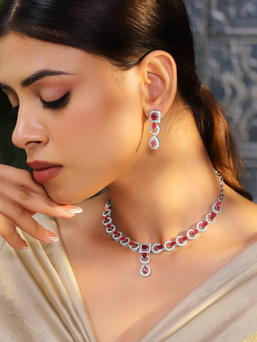 Rubans Rhodium-Plated Ruby Pink AD & Cubic Zirconia Studded Necklace Set Necklace Set
