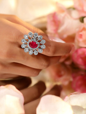 Rubans Rhodium-Plated Ruby Pink & Cubic Zirconia Studded Floral Adjustable Finger Ring Finger Rings
