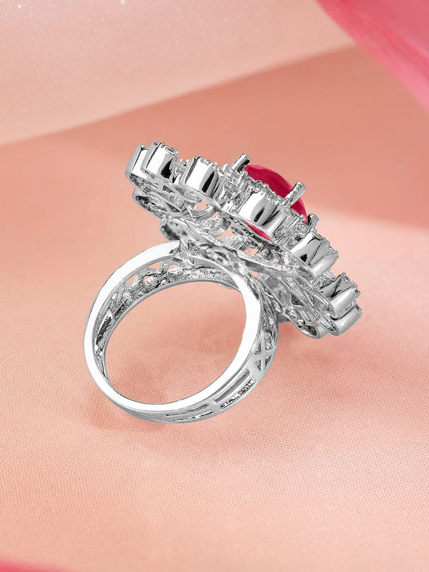 Rubans Rhodium-Plated Ruby Pink & Cubic Zirconia Studded Floral Adjustable Finger Ring Rings