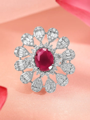 Rubans Rhodium-Plated Ruby Pink & Cubic Zirconia Studded Floral Adjustable Finger Ring Rings