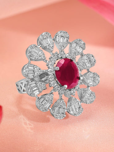 Rubans Rhodium-Plated Ruby Pink & Cubic Zirconia Studded Floral Adjustable Finger Ring Rings