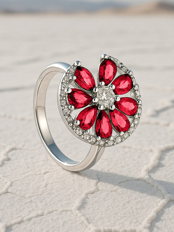 Rubans Rhodium-Plated Ruby Pink & Cubic Zirconia Studded Openable Floral Statement Ring Finger Ring