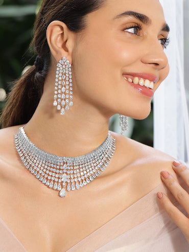 Rubans Rhodium-Plated Ruby Pink, Emerald Green & AAA White Cubic Zirconia Studded Premium Choker Jewellery Set Jewellery Set