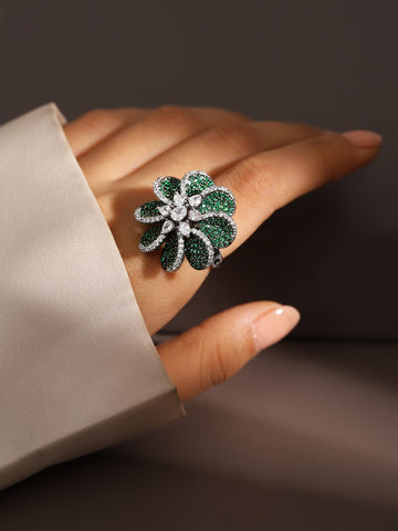 Rubans Rhodium Plated Ruby Pink, Emerald Green & Cubic Zirconia Studded Floral Adjustable Finger Ring Finger Rings