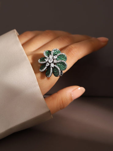 Rubans Rhodium Plated Ruby Pink, Emerald Green & Cubic Zirconia Studded Floral Adjustable Finger Ring Finger Rings