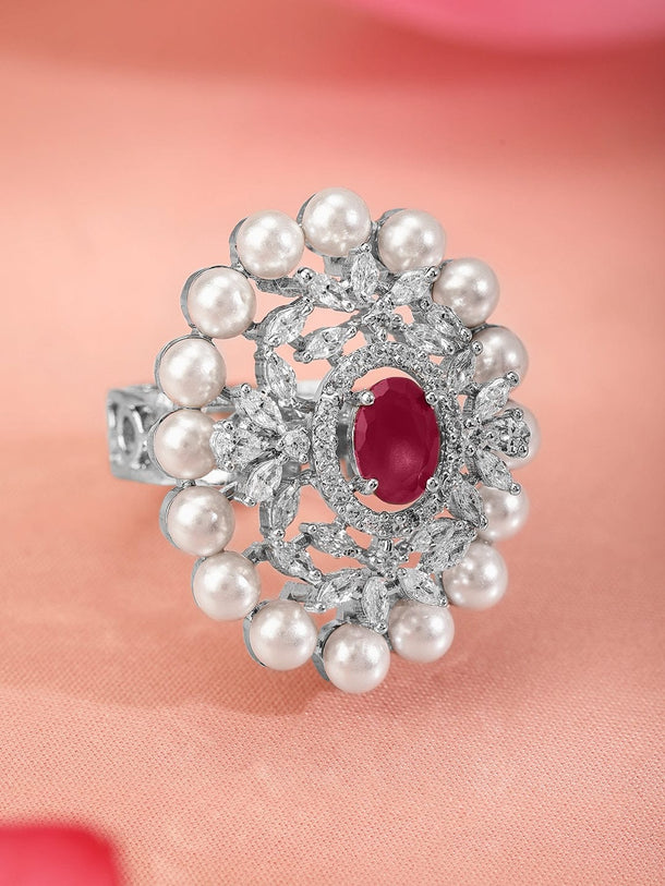 Rubans Rhodium-Plated Ruby Pink, Pearl & Cubic Zirconia Studed Adjustable Finger Ring Rings