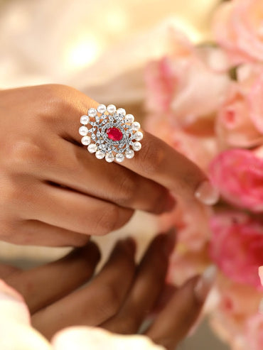 Rubans Rhodium-Plated Ruby Pink, Pearl & Cubic Zirconia Studed Adjustable Finger Ring Rings
