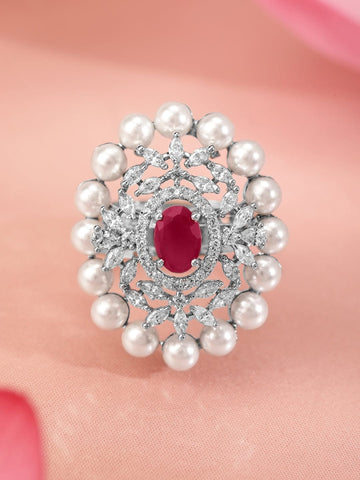 Rubans Rhodium-Plated Ruby Pink, Pearl & Cubic Zirconia Studed Adjustable Finger Ring Rings