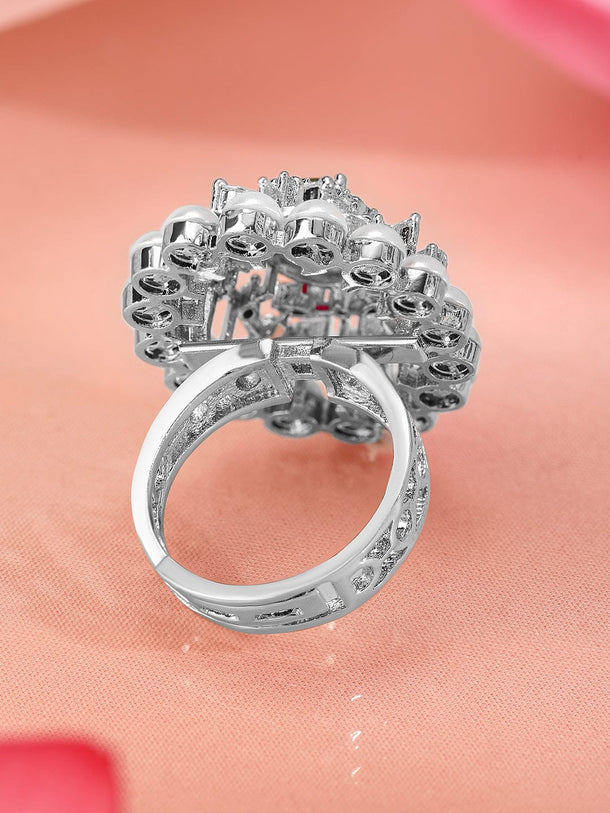 Rubans Rhodium-Plated Ruby Pink, Pearl & Cubic Zirconia Studed Adjustable Finger Ring Rings