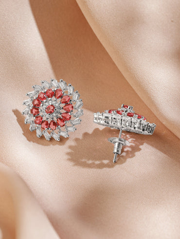 Rubans Rhodium-Plated Ruby Pink Stone & White Cubic Zirconia Studded Classic Floral Stud Earrings Earrings