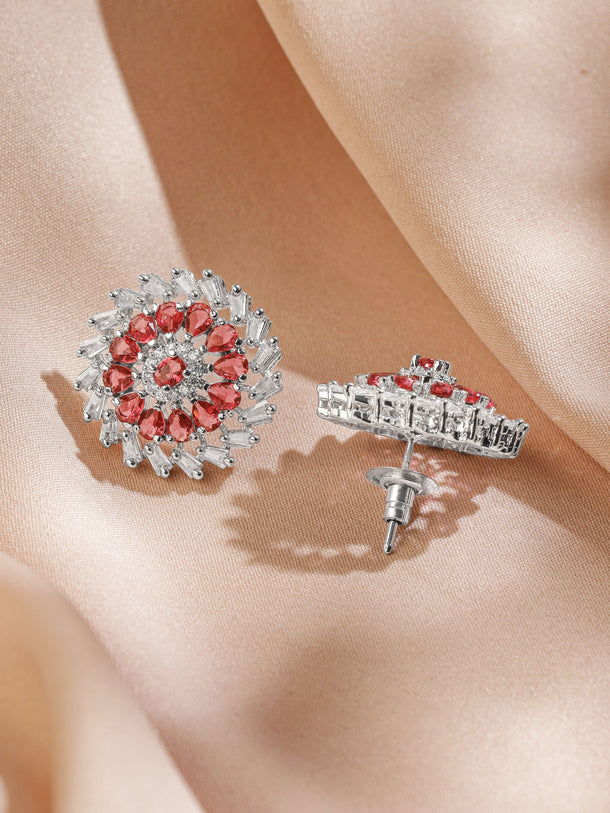 Rubans Rhodium-Plated Ruby Pink Stone & White Cubic Zirconia Studded Classic Floral Stud Earrings Earrings