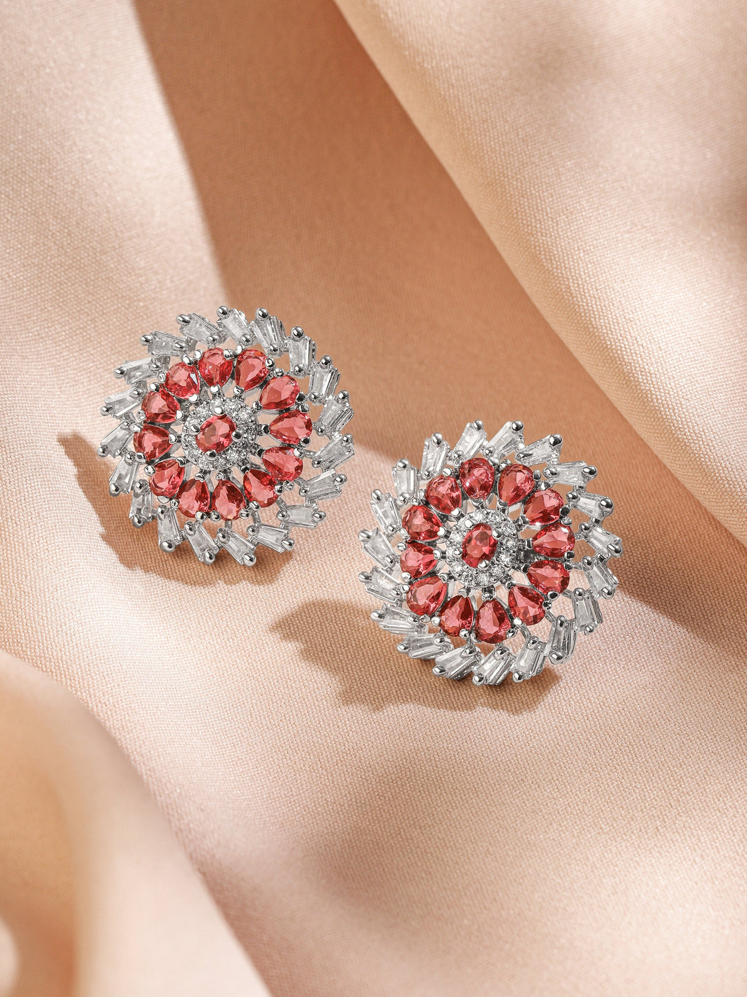 Rubans Rhodium-Plated Ruby Pink Stone & White Cubic Zirconia Studded Classic Floral Stud Earrings Earrings