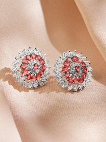 Rubans Rhodium-Plated Ruby Pink Stone & White Cubic Zirconia Studded Classic Floral Stud Earrings Earrings