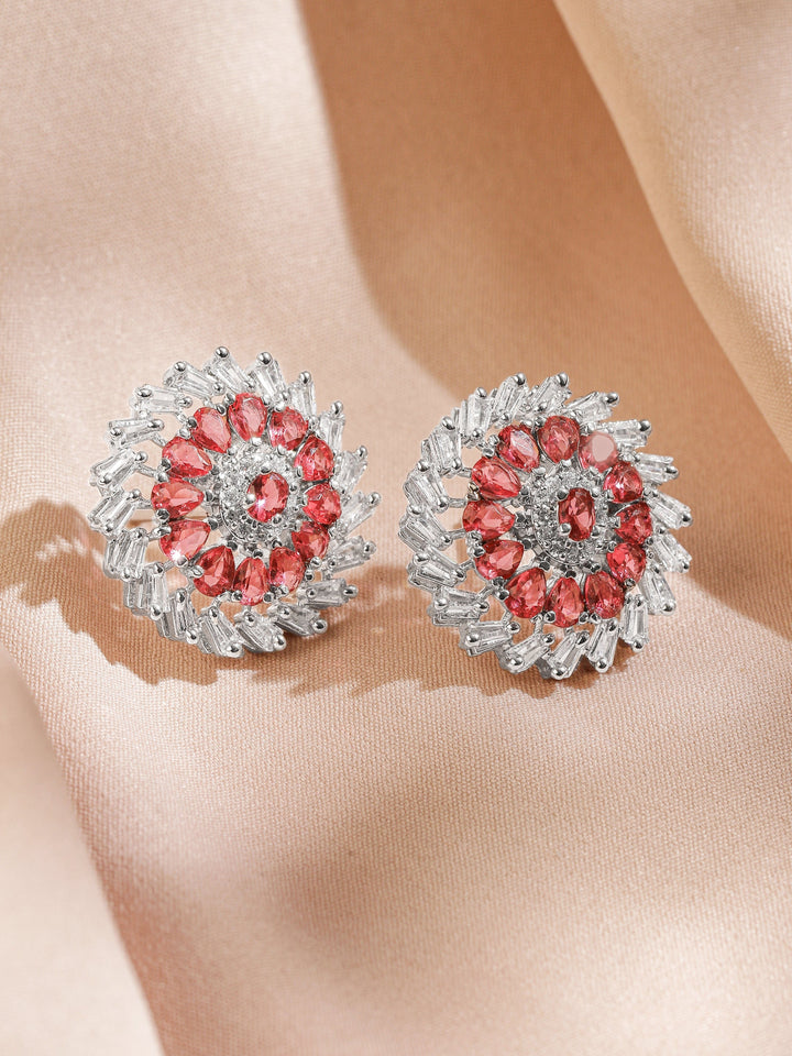 Rubans Rhodium-Plated Ruby Pink Stone & White Cubic Zirconia Studded Classic Floral Stud Earrings Earrings