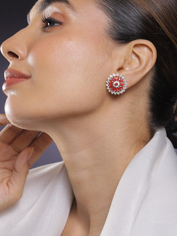 Rubans Rhodium-Plated Ruby Pink Stone & White Cubic Zirconia Studded Classic Floral Stud Earrings Earrings