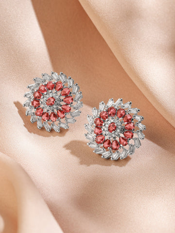Rubans Rhodium-Plated Ruby Pink Stone & White Cubic Zirconia Studded Classic Floral Stud Earrings Stud Earrings